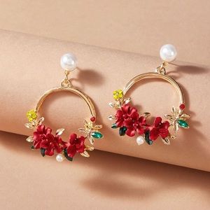 Faux Pearl Decor Flower Hoop Drop Earrings